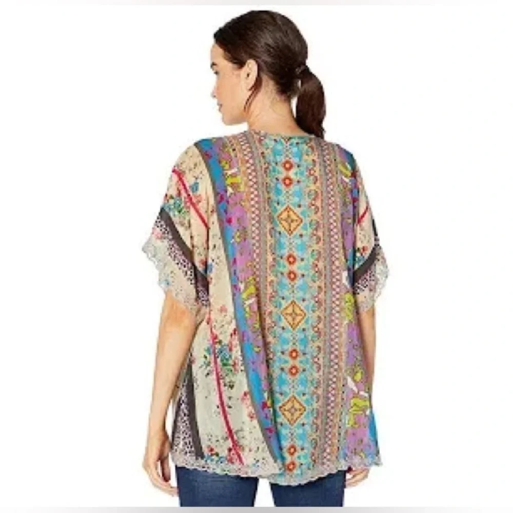 Johnny Was Multicolor Dolman Sleeve Keyhole Tunic Lace Trim, Rayon
